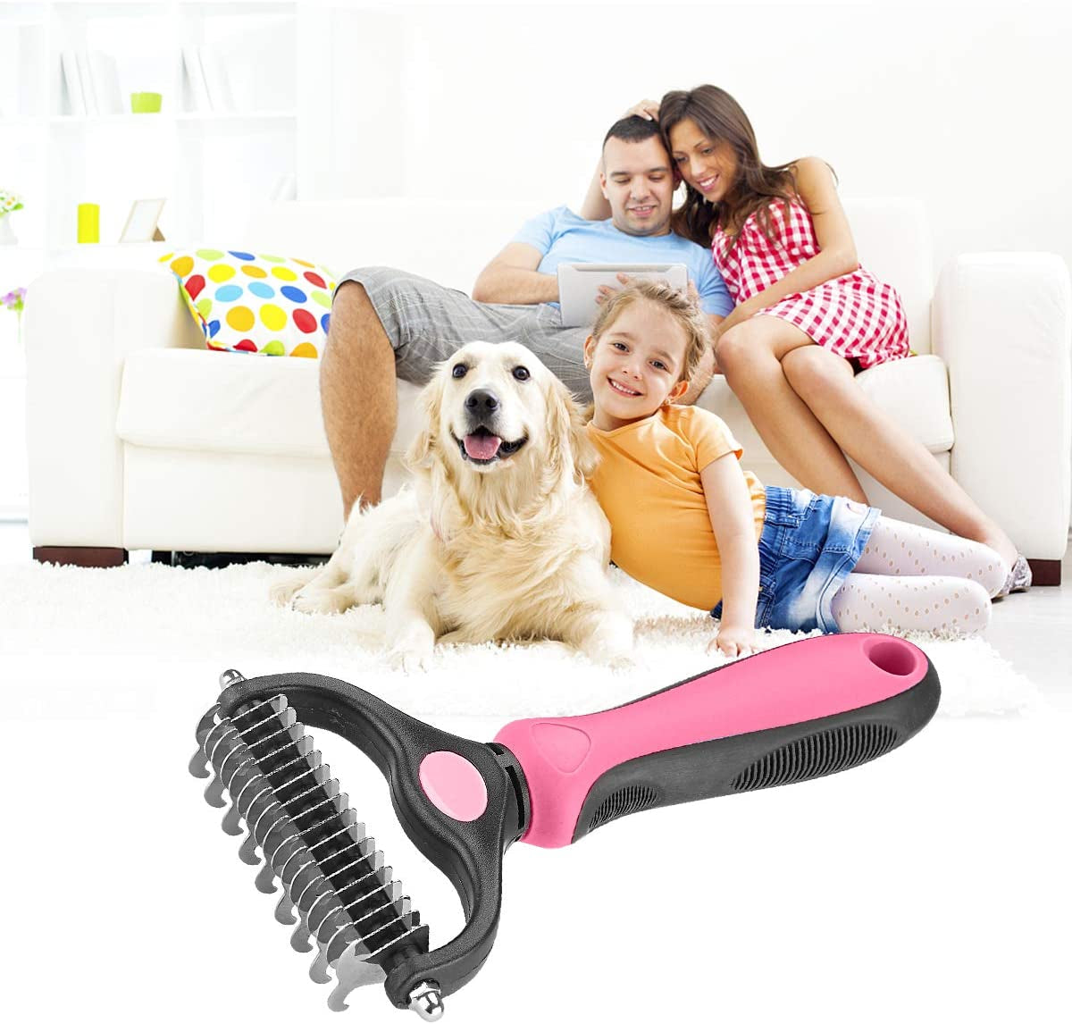 "Ultimate Pet Grooming Tool: Dual-Sided Undercoat Rake for Cats and Dogs - Safely Remove Mats, Tangles, and Shedding with Ease!"